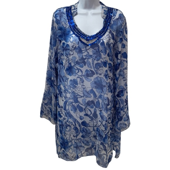 NEW Sunflower Floral Sheer Sequin Swimsuit Coverup Resort Beach Coastal L - Picture 2 of 11